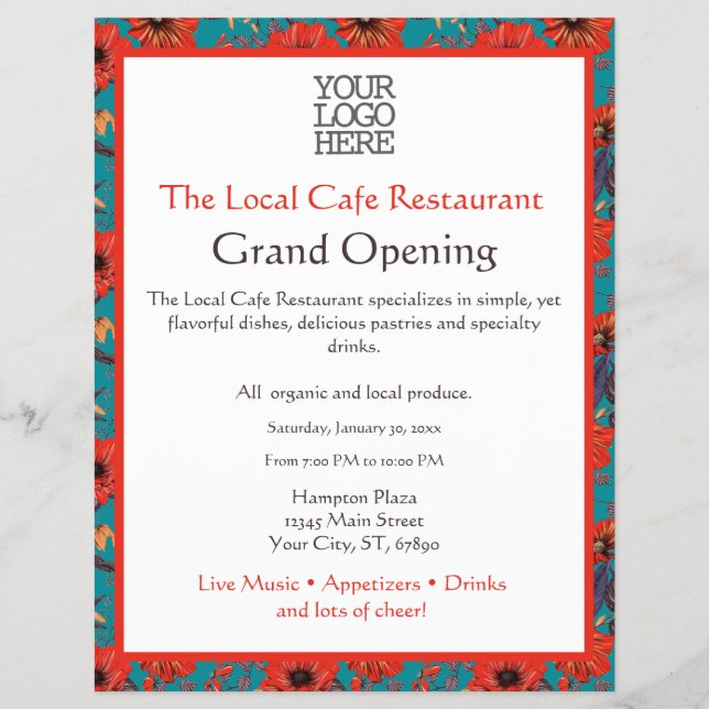 Flyer Patrón floral verde azulado y rojo gran apertura c (Frente)