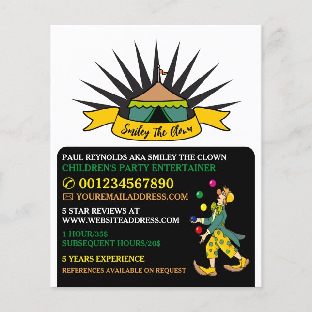 Flyer Payaso de carpas de circo, artista de niños, anunc (Frente)