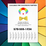 Flyer Payaso de la fiesta de cumpleaños lanza una lágrim<br><div class="desc">Promueve tu negocio de payasos fiestas con este volante que incluye ilustraciones de un payaso "cara" con peluca de arcoiris, nariz de payaso rojo y corbata de arco amarillo. Es fácil personalizar estos folletos con toda tu información. Las tiras rotas o tiras de tiro hacen que esto sea perfecto para...</div>