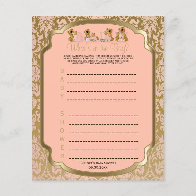 Flyer Peach and Gold Damask Teddy Bears - Juego (Frente)