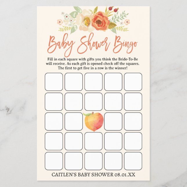 Flyer Peach Baby Shower Bingo Sweet Peach Baby (Frente)