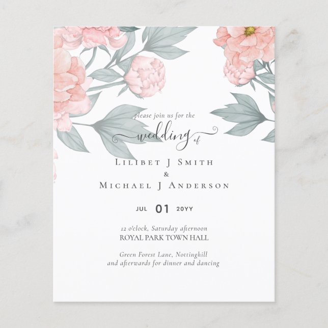 Flyer Peach Peonies Sage Floral Budget Boda (Frente)