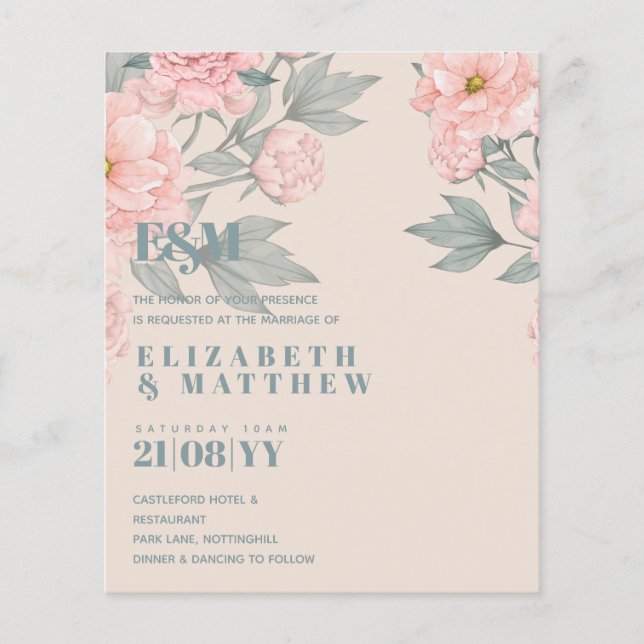 Flyer Peach Peonies Sage Floral Budget Boda (Frente)