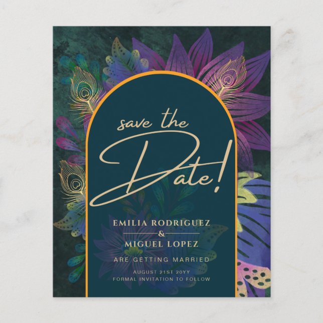 Flyer Peacock Jewel Tones Green Blue Boda (Frente)
