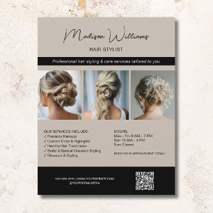 Flyer Peluquero Estilista Salón 3 Fotos QR Beige