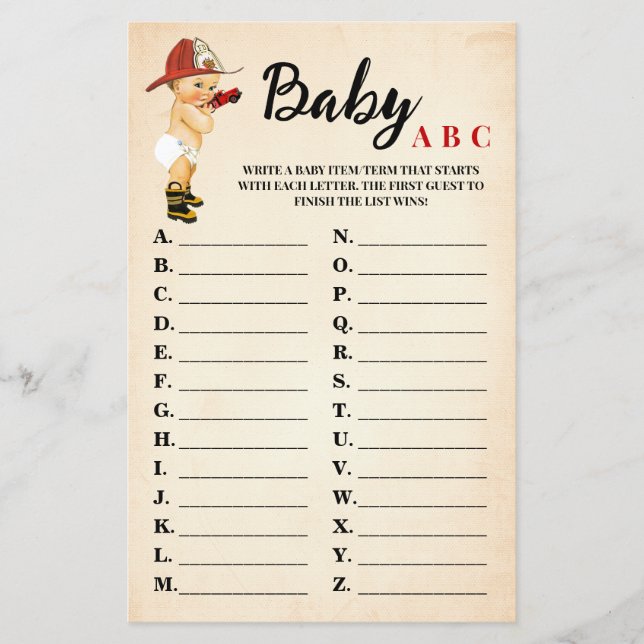 Flyer Pequeño bombero bebé ABC Tarjeta de juego de Baby  (Frente)
