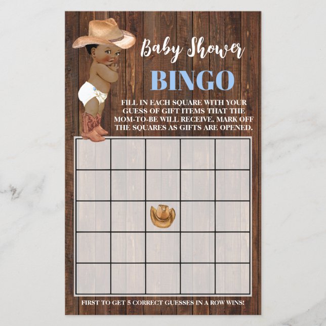 Flyer Pequeño Cowboy Blue Baby Shower Bingo Game Card (Frente)