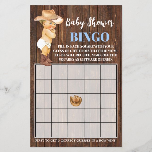 Flyer Pequeño Cowboy Blue Baby Shower Bingo Game Card (Frente)