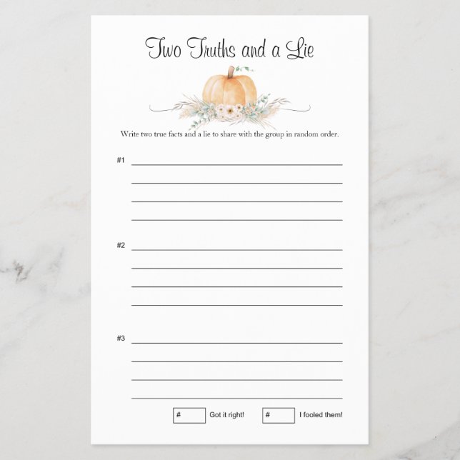 Flyer Pequeño juego de calabaza Baby Shower dos verdades (Frente)