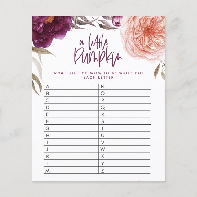 Flyer Pequeño juego de calabaza floral de ducha adivinar (Frente)