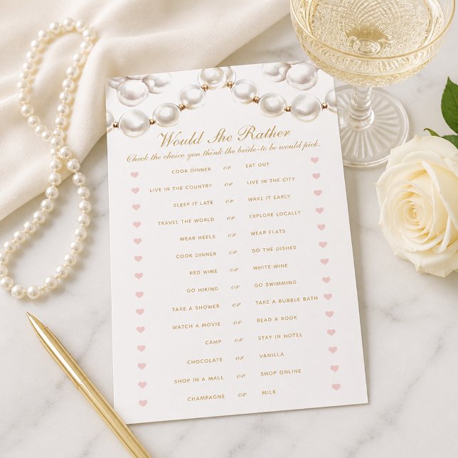 Flyer Perlas y Prosecco ¿Qué Preferiría Jugar (Pearls and Prosecco Would She Rather Game Flyer)