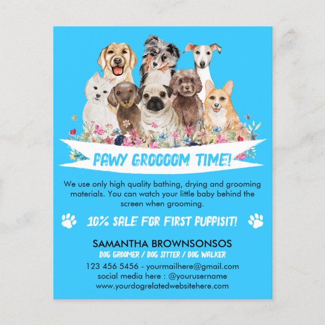 Flyer Perro azul simple floral iluminado (Frente)