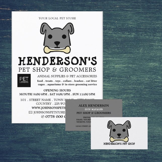 Flyer Perro gris con hueso, tienda de Mascotas y agricul (Subido por el creador)