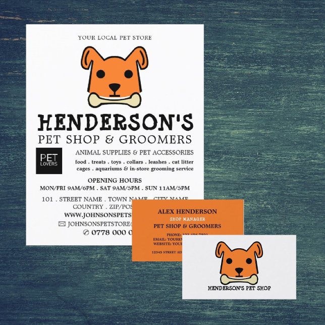 Flyer Perro naranja con hueso, tienda Mascota y ganadero (Subido por el creador)