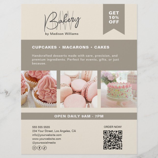 Flyer Personalizado de panadería Monograma Logo de Beige (Frente)