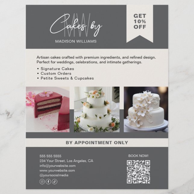 Flyer Personalizado de panadería Monograma Negocio gris (Frente)