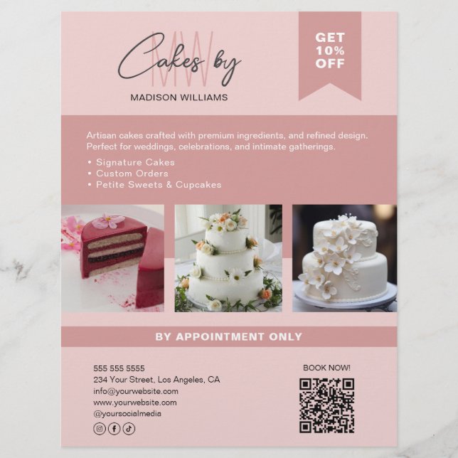 Flyer Personalizado de pastelería Monograma Negocio Rosa (Frente)