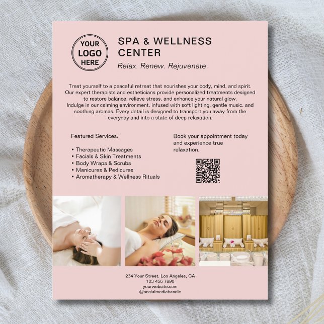 Flyer Personalizado del centro de bienestar logotipo QR  (Spa Wellness Center Custom Logo QR Pink Business Flyer)