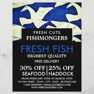 Flyer Pescado y gaviotas, pescador/mujer, mercado de pes