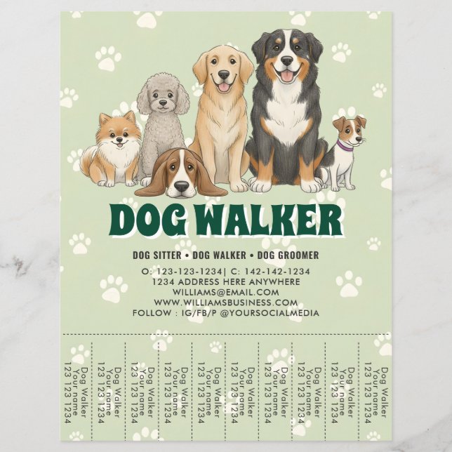 Flyer Pet Sitting Dog Walker Custom Promotional Green (Frente)