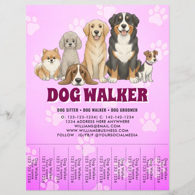 Flyer Pet Sitting Dog Walker Promotional Vibrant Pink (Frente)