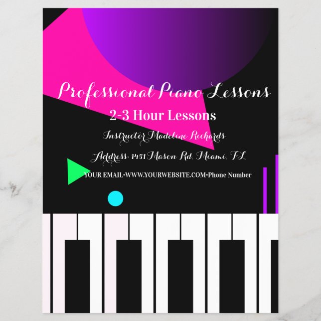 Flyer Piano Lesson Neon Keyboard Instructor Tutor (Frente)