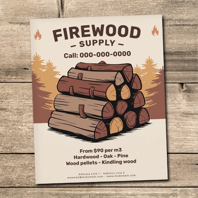 Flyer Pilhas de Troncos Divididos - Suministro de Leña (Stacks of Split Logs - Firewood Supply Flyer)