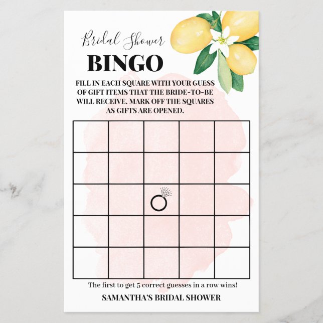 Flyer Pink Lemons Bridal Shower Bingo Game Card (Frente)