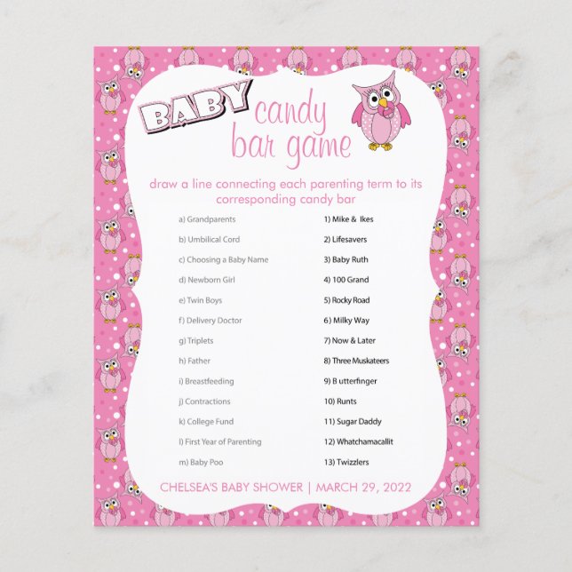 Flyer Pink Polka Dot Owl Tema Baby Shower Candy Bar (Frente)