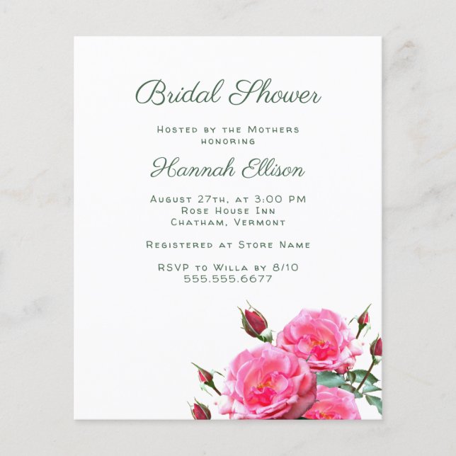 Flyer Pink Roses Budget Bridal Shower Invitations (Frente)