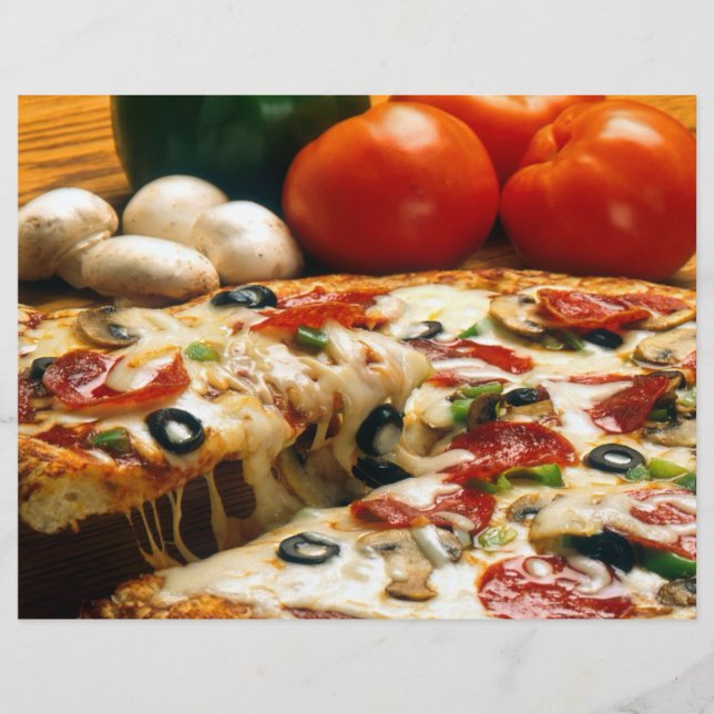 Flyer Pizza Tomates Mushrooms Aceitunas Queso (Frente)