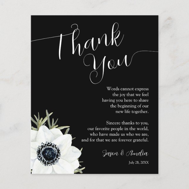 Flyer Placa Boda floral blanca y negra gracias (Frente)