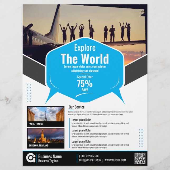 Flyer Plantilla azul de vuelo de la agencia de viajes (Frente)