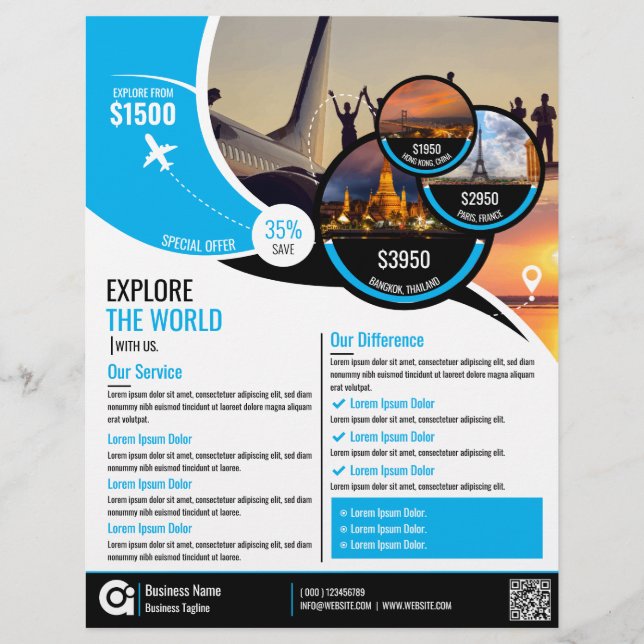 Flyer Plantilla azul de vuelo de la agencia de viajes (Frente)