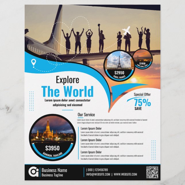 Flyer Plantilla azul de vuelo de la agencia de viajes (Frente)
