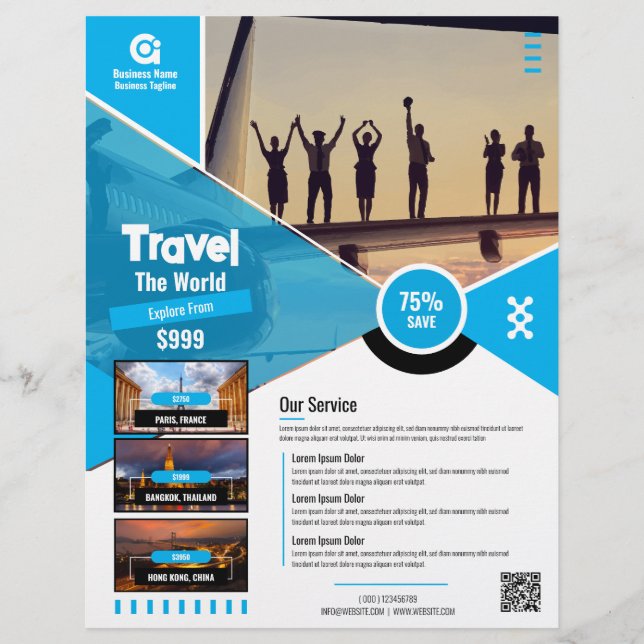 Flyer Plantilla azul de vuelo de la agencia de viajes (Frente)