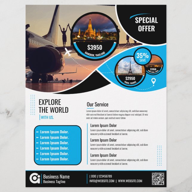 Flyer Plantilla azul de vuelo de la agencia de viajes (Frente)