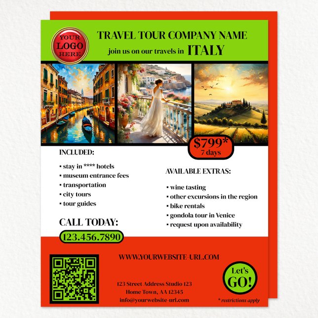 Flyer Plantilla de fotografía de viaje en italiano (A travel agency flyer with your logo, QR code and 3 photos)