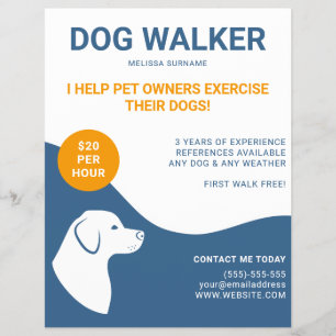 Flyer Plantilla de paseador de perros azul y blanco con