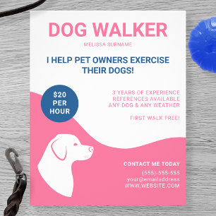 Flyer Plantilla de paseador de perros rosa y blanco con 