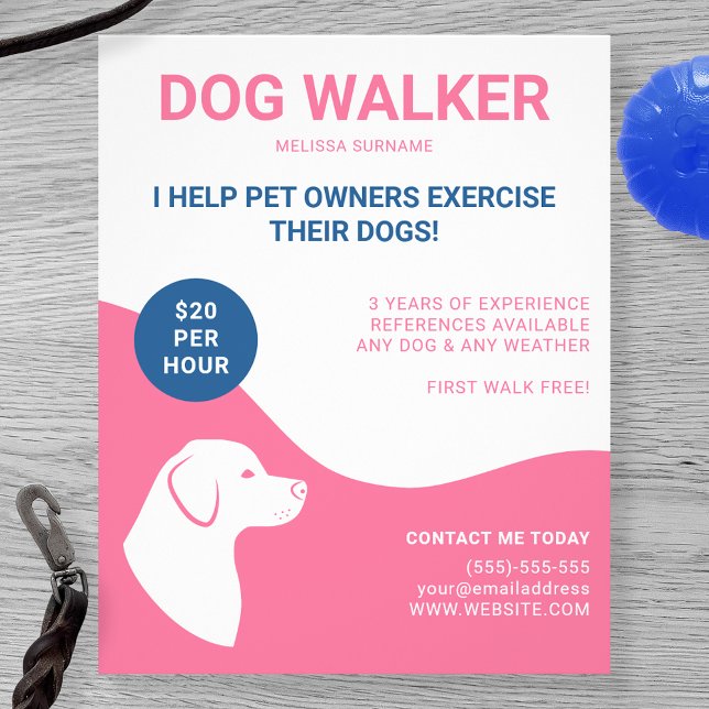 Flyer Plantilla de paseador de perros rosa y blanco con  (Subido por el creador)
