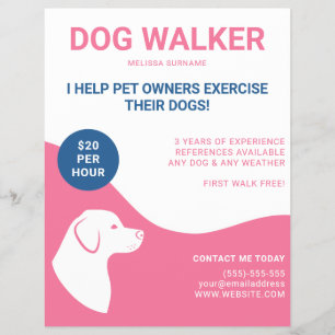 Flyer Plantilla de paseador de perros rosa y blanco con 