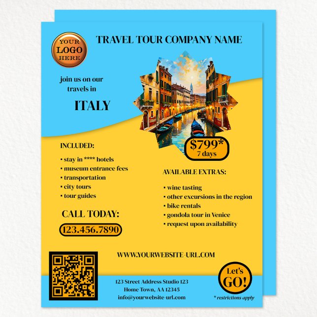 Flyer Plantilla de viaje azul turquesa (Eye catching travel agency flyer with your logo, QR code and photo on bright turquoise yellow)