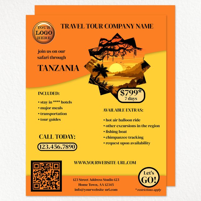 Flyer Plantilla de viaje Safari de naranja (A bright orange on custom background color travel agency flyer with your logo and photo)