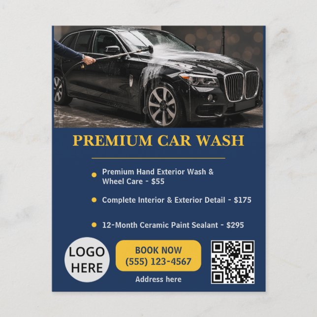 Flyer Plantilla Premium Editable de Lavado de Autos Azul (Frente)