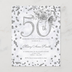 Flyer Plata Floral 50 cumpleaños Invite a Mármol