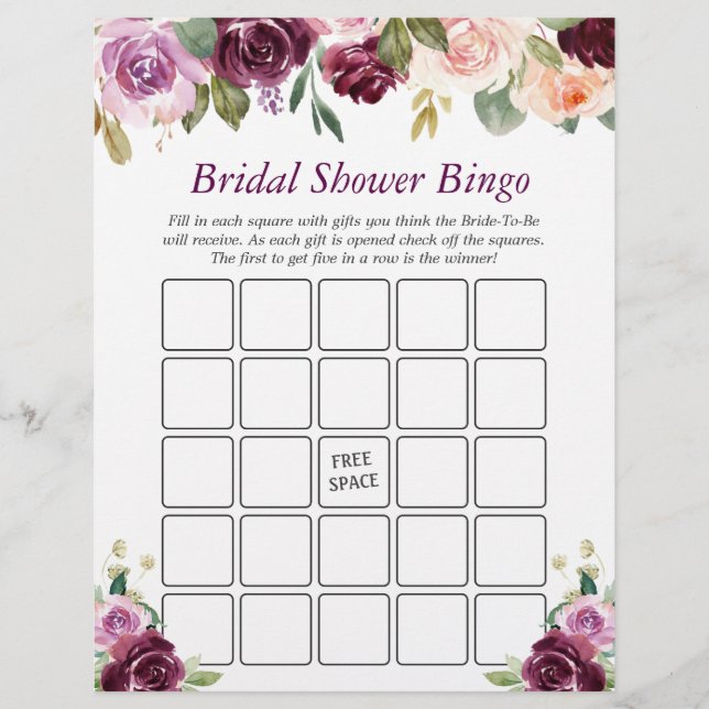 Flyer Plum Purple Love Floral Bridal Shower Bingo (Frente)