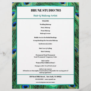 Flyer Plumas de Pavo Real para Salón de Belleza y Peluqu