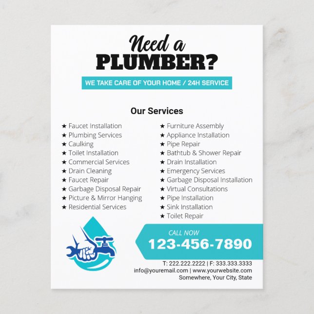 Flyer Plumbing Service Water Drop Logo Plumber Business (Frente)