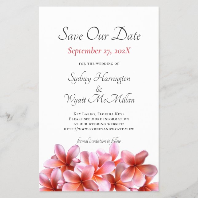 Flyer Plumeria rosa de presupuesto Guardar Boda de fecha (Frente)